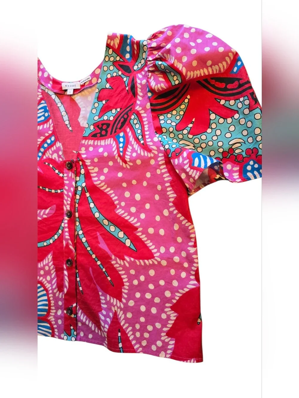 Rhode Nisha Top Red Psychedelic Flower Puff Sleeve Reversible 100% Cotton Size S - Picture 5 of 11